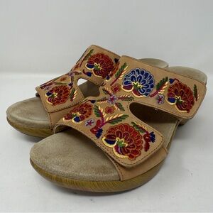 Alegria LINN Embroidered Leather Slip On Wedge Sandals Cognac Women's 9 US